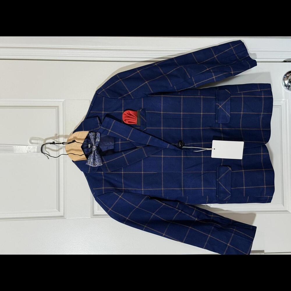 Weiluka Boys Suits 4 Piece Set of Jacket Pants for Kids Size 8 Navy Blue Plaid
